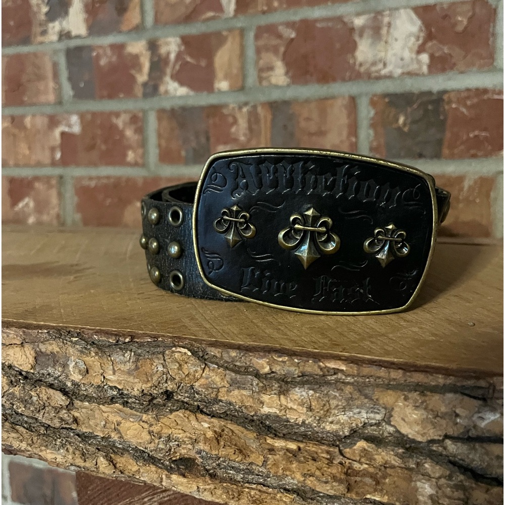 Affliction Black Leather Belt with Gold Accents